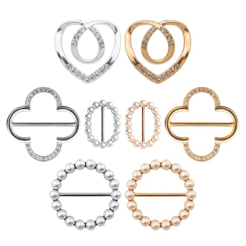 Atarasia 8-Pack Cute Scarf Ring Premium Shirt Tie Clips for Women Clothing accessories 4 Elegant Styles T-shirt Waist Cinch Clip Buckles with Rhinestone Accents (Gold/Silver)