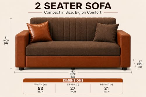 Image of Double Tone 2 Seater Sofa Couch, Upholstered Fabric & Faux Leather Sofa with Channeled Backrest, Living Room with Solid Wood Frame & Pillows, 134 cm (53 inch) Brown and Tan