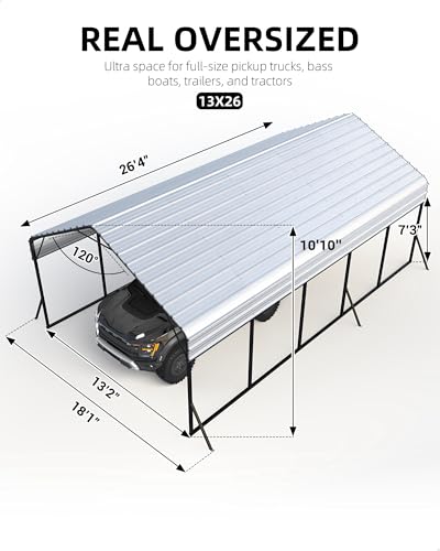 Image of GarveeLife 13 ft x26 ft x11 ft Oversized Metal Carport, Steel Heavy Duty Car Ports for All-Weather, Tall Carport for Full-Size Pickup Trucks, Boats, and Tractors, N.W. 780 LBS