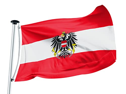 FLAGLY Premium Flagge Österreich mit Adler 100x150cm - 115g/m Stoffgewicht - gedruckt robustes und witterungsbeständiges Glanzpolyester mit Ösen (100 x 150 cm Österreich mit Adler)