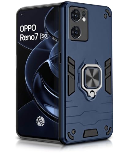 Image of WOW IMAGINE Shock Proof Back Case Mobile Cover for Oppo Reno 7 5G | Back Cover Case (Tough Armor | Hybrid PC + TPU | Ring Holder & in-Built Kickstand | Blue)