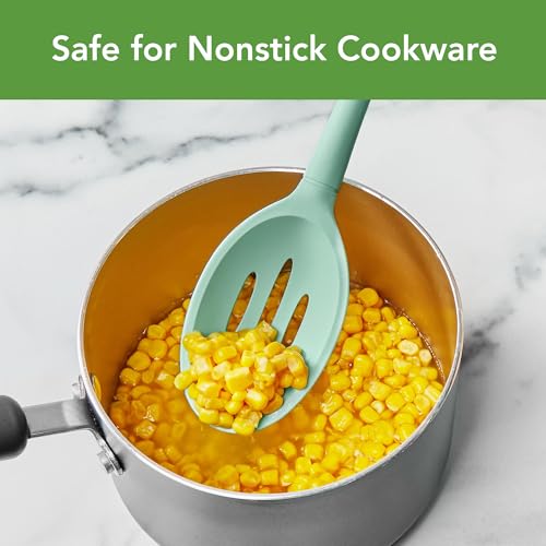 Image of Tovolo Flex Core Silicone Slotted Deep Spoon for Cooking Mixing Baking, Dishwasher Safe BPA Free All Silicone Kitchen Utensil Heat Resistant Nonstick Safe Slotted Serving Spoon, Aqua Seafoam Green