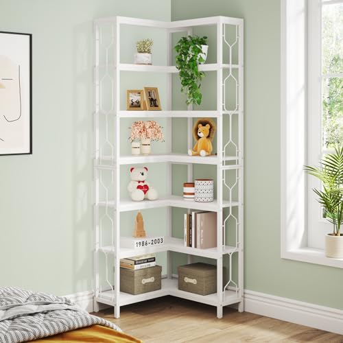 Image of Tribesigns Corner Shelf, 7-Tier Industrial Corner Bookshelf, Wood and Metal Corner Etagere Bookcase, Freestanding Display Shelf for Living Room, Kitchen, Home Office, White