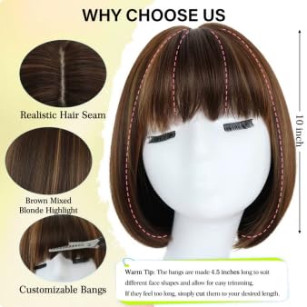 Condition photo showing New/Like New for brown bob wig with bangs (can be trimmed) mixed blonde highlight straight short synthetic wig for women cosplay party halloween daily anime costume events wear brown mixed blonde highlight