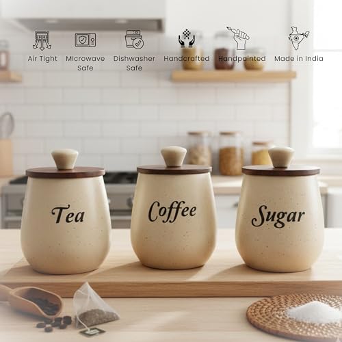 Image of Ceramic Tea Coffee Sugar Containers Set of 3 with Wooden Lids | Jar & Container for Kitchen Storage Set | Multi Utility Air Tight Kitchen Organizer Items (Hand-Painted, 410 ML)