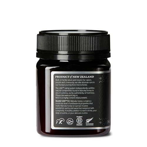 BeeNZ Raw Manuka Honey, Certified UMF 15+ (MGO 514+), Pure New Zealand Monofloral Manuka, Natural Sweetener, Superfood for Immune Support, No Sugar Added, Traceable from Hive to Jar, 8.8 oz/250g