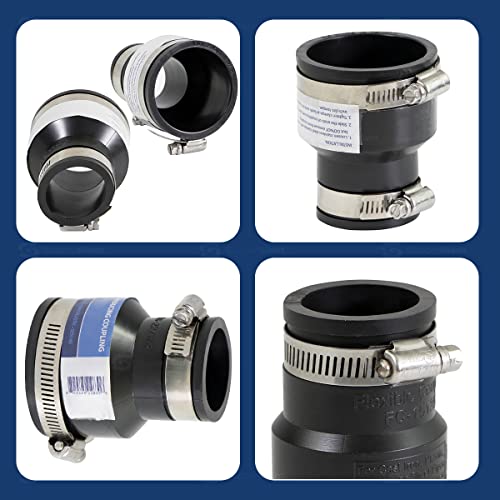 Supply Giant 6I52 Flexible PVC Reducing Coupling with Stainless Steel Clamps, 2.4" x 1.6" Inner Diameter for 2" x 1-1/4 Nominal Pipe, Black