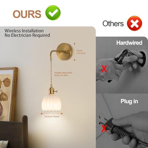 Image of Vintage Battery Operated Wall Sconces Sets Of Two, Indoor not Hardwired Milky White Tulip Glass Lampshade Fixtures, Rechargeable Wireless RGB Wall Lights with Dimmable Remote, for Bedroom Living Room