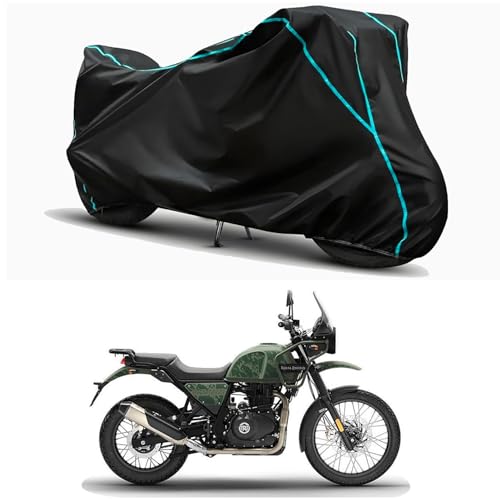 Image of Waterproof Bike Body Cover Compatible for | Royal Enfie Himalayan Pine | Taffeta Fabric, Sky Piping Design, Bottom Elastic Fit | Dustproof, Sun UV & Rain Protection for All Weather.