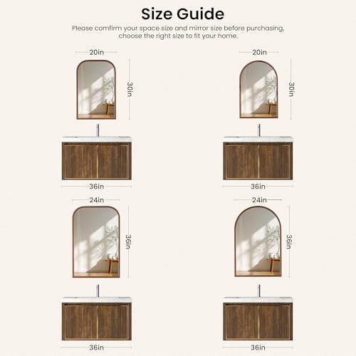 Image of 24 inchx36 inch Arch Wall Mirror for Wall, Wall Mounted Vanity Mirror for Bedroom, Wood Grain Finish Frame Mirror with Tempered Glass, Vintage Decorative for Bathroom, Entryway, Living Room, Walnut