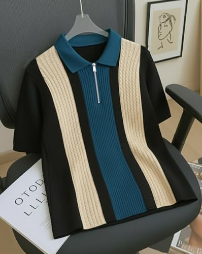 Image of AUSK Men's Textured Vertical Striped Knit Polo T-Shirt | Half Sleeve Zipper Neck Self-Design Casual Tee | Mens Tshirts