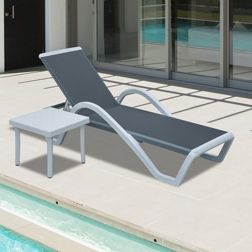 Image of Domi Outdoor Lounge Chair, Aluminum Patio Chaise Lounge with 5 Position Adjustable Backrest and Wheels, All Weather Reclining Chair with Armrest and Side Table for Patio, Yard,Balcony,Poolside (Grey)