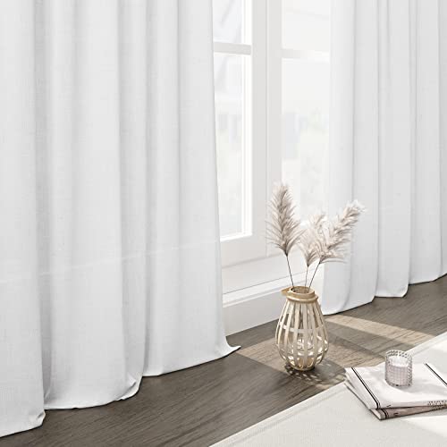 Solid White Curtains 96 Inches Long 2 Panels Back Tab Sheer Linen Curtain Modern Farmhouse Coastal Decor Off White Cotton Textured Curtains 96 inch Length for Patio Sliding Door Office Bedroom - Image 2