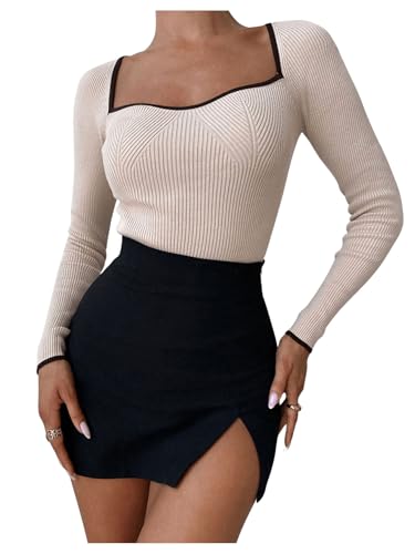 Image of Floerns Women's Contrast Binding Sweetheart Neck Knit Pullover Tops Long Sleeve Sweater Apricot Small