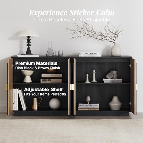 BELLEZE Set of 2 Modular Fluted Sideboard Buffet Cabinet with Storage, Mid-Century Modern Console Table with Symmetrical Arched Doors, Elegant Credenza for Dining Room, Kitchen, and Living Room, Camel