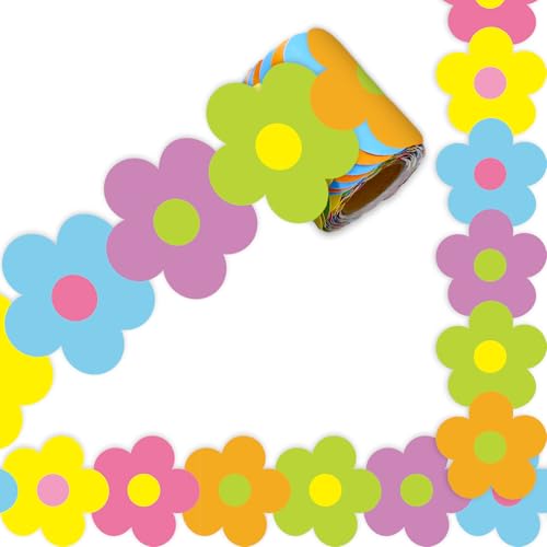 Image of Whaline 32.8 Ft Neon Color Flower Bulletin Board Border Back to School Bright Boho Floral Die-Cut Rolled Bulletin Board Trim for Classroom Office Chalkboard Wall Decor