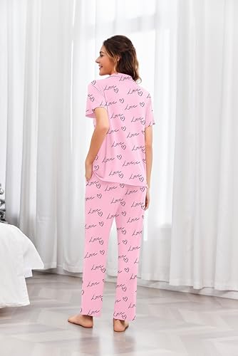 Image of Ekouaer Pajamas for Women Set Button Up Short Sleeve Pjs Sets With Pockets | Soft Womens Sleepwear,V Neck,Notch Collar,2 Piece Classic Loungewear With Long Pant for Sleep,Lounge,Fall