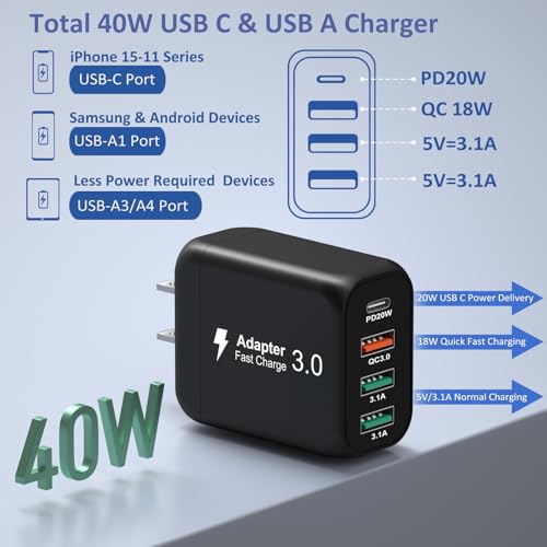 USB C Wall Charger [2 Pack], Bangfun 40W 4 Port USB C Fast Charging Blocks Multi USB Power Apdater Plug Cube for iPhone 15 14 13 12 11 Pro Max XS iPad Pro Samsung S23 S22 A53 A54 A14 (Black)