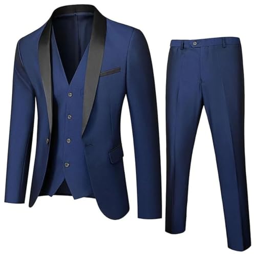 Men 3-Piece Slim Fit 1-Button Shawl Lapel Tuxedo Wedding Business Party Wrinkle Resistant Set Navy Blue2