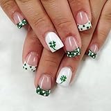 24Pcs French Tip Fake Nails St. Patrick's Day Press on Nails Short Shamrock False Nails Glitter Green White Wave Point Nail Tip Design Nude Glue on Nails Four Leaf Clover Artificial Acrylic Nails