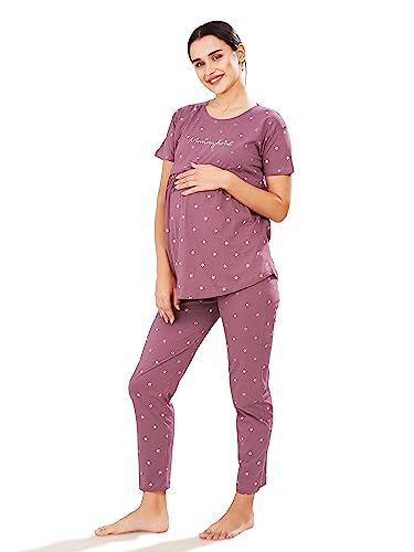 Image of Pastel Clip Women Cotton Star Printed Relaxed Maternity Night Suits for Women Feeding 7002-7003