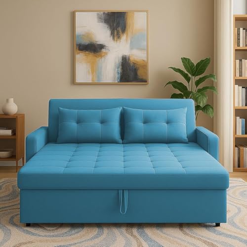 Image of Casaliving Treshta Pull-Out Premium Fabric Sofa Cum Bed 2 Seater Sofa Set for Living Room (Turquoise)