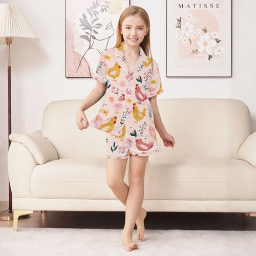 ALAZA Chicken Flower Floral Satin Pajamas Set Short Sleeve Button Down Sleepwear Summer Pjs 2 Piece3