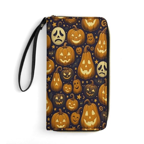 Halloween Pumpkin Pattern Women's Wallet Wristlet Zipper Purse with Hand Strap Travel Credit Card Holder for Daily Use Gifts