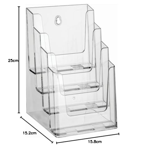 EUROPEL Etagen Prospekthalter Aufsteller - Injektion Mehrfach-Prospektständer - 4x DIN A5 - Transparent - Broschürenständer für Büros - Broschürenhalter Hochformat für Menü, Faltblatt, Flyer