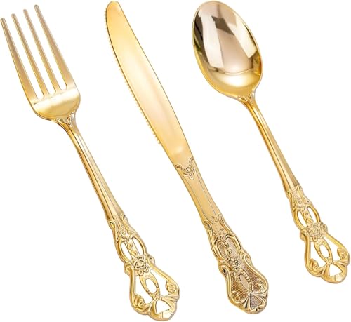 Joyido 150 Pieces Gold Plastic Silverware - Heavy Duty Gold Disposable Utensils - Fancy Plastic Cutlery Set Includes 50 Forks, 50 Spoons, 50 Knives for Holidays Parties Weddings