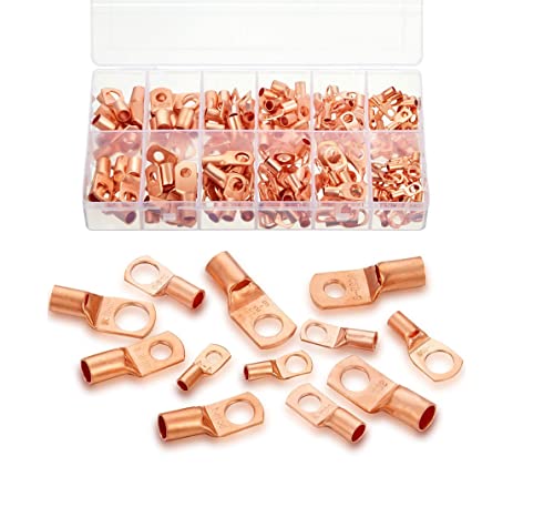 Rodot 170pcs Boxed SC Peeping Mouth Bare Copper Terminal Block Copper Terminal Combination Set 4mm-25mm,12 Sizes Battery Wire Lugs Eyelets Tubular Ring Terminal Connectors