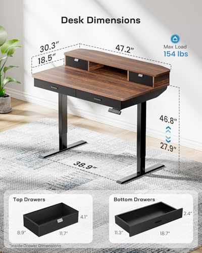 Image of HUANUO 48 x 30 inch Electric Standing Desk with 4 Drawers, Adjustable Height Sit Stand Home Office Desk with Two Tiers, Ergonomic Adjustable Stand up Desk C-Clamp Monitor Mount Compatible, Walnut