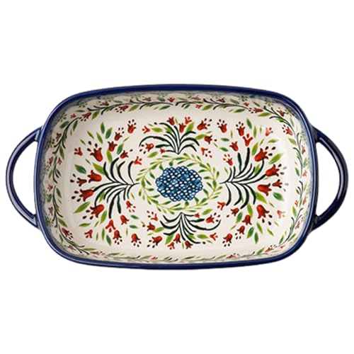 MGHRUEWH Fuente para Lasaña, Fuente De Cerámica Resistente Al Calor con Dos Asas, Fuente Rectangular para Horno con Estampado Floral, Cacerolas Lavables Y Antideslizantes para Horno.,730ml