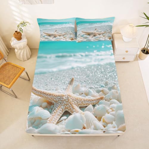 Image of jejeloiu Summer Beach Bed Sheets Set King Size Sea Bed Set for Kids Boys Girls Ocean Deep Pocket Fitted Sheet Starfish Breathable Soft Lightweight Microfiber