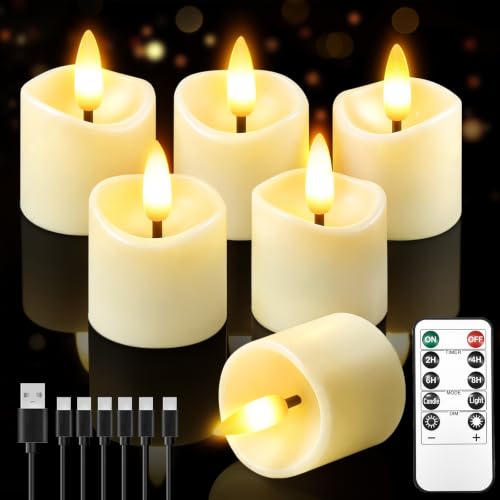 Image of 6 Pack Small Rechargeable Flameless Candles with Remote Timer | 1.5 inchx2 inch LED Tea Lights Votive Fake Candles Flickering Mini Candles Battery Operated for Halloween Wedding Party Home Decor