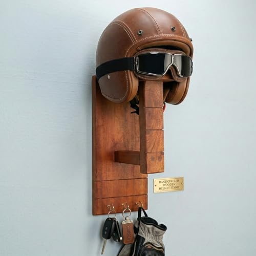 Image of Handcrafted Wooden Helmet Stand Wall Mount with Hooks - Motorcycle & Bike Helmet Holder, Wall Mounted Helmet Rack Organizer for Keys & Gloves, Space Saving Wooden Helmet Hanger for Home Garage