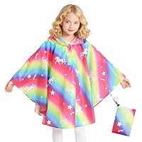 Keyck Kids Rain Poncho Girls Boys Raincoats Jacket Waterproof Ponchos Reusable Rain Coat Hooded Rainproof Cape with Portable Bag for School Camping, Rainwear for 6-10 Years, Rainbow Horse