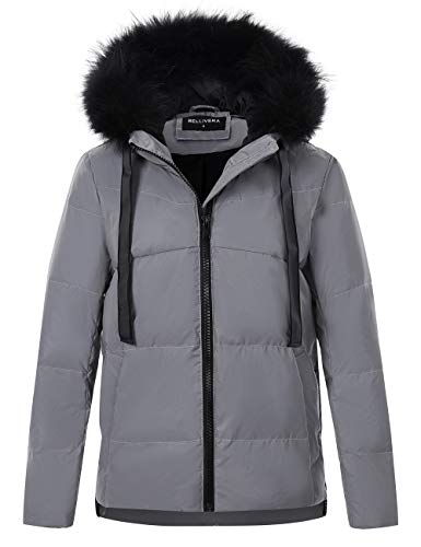 Bellivera Women's Duck Down Jacket Hooded with Fur Collar Warm Packable Durable Light Weight Parka Coat 9336 Grayblack M