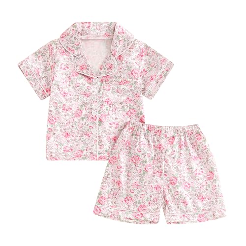 Image of Nokpsedcb Toddler Girl Floral Pajamas Set Short Sleeve Button Down Shirt And Shorts 2Pcs Kids Pjs Loungewear