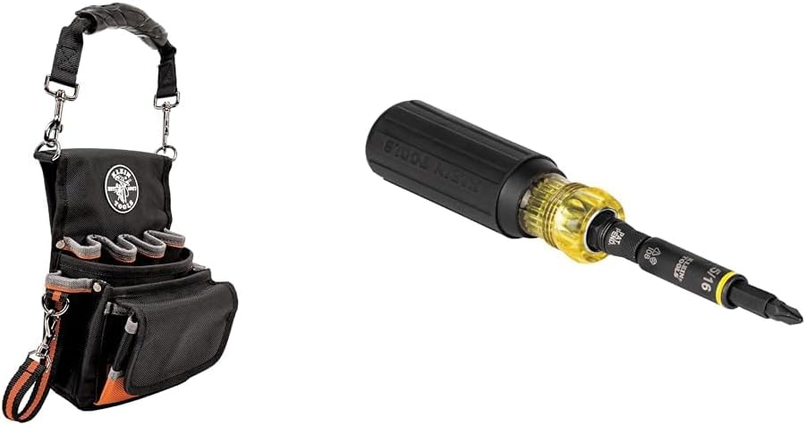 Klein Tools 5242 Tool Pouch, Tradesman Pro Tool Pouch with Electrical Tape Thong & 32500HD Multi-Bit Screwdriver/Nut Driver, Impact Rated 11-in-1 Tool with Phillips, Slotted