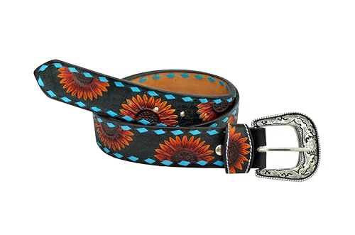 Western Tooled Hand Finished Sunflower and Buckstitch Leather Belt For Men and Women 30AB1193
