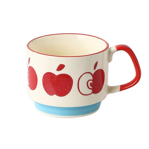 Image of Spooky Japanese Retro Ceramic Coffee Mug - 300ml Printed Stackable Cup with Handle - Creative Ins-Style Ear-Hanging Design for Milk, Tea & Espresso - Ideal Gift for Couples, Home or Cafe (Red-Apple)