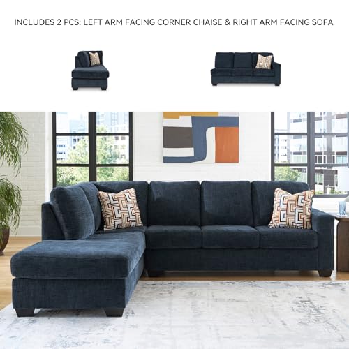 Image of Signature Design by Ashley L-Shape Navy Blue Sectional Sofa with Chaise | Plush chenille fabric for living rooms, 110-inch L-shaped layout, Sag-resistant platform foundation, Aviemore Series
