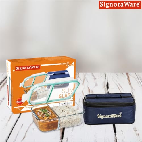 Signoraware Slim High Microwave Safe Office Two Compartment Lunch Box Set with Bag | Borosilicate Glass | Safety Lock Airtight Tiffin Containers (600ml | Transparent)