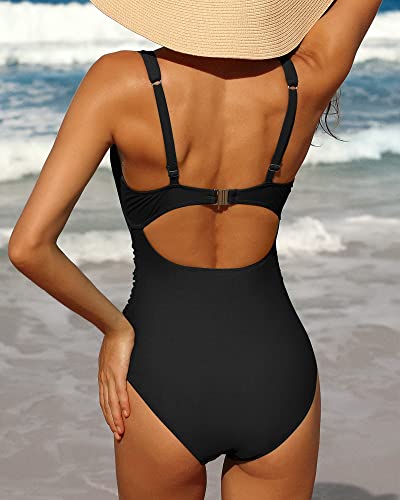 Charmo Womens One Piece Swimsuit Ruched Tummy Control High Cut Backless V Neck Bathing Suits Swimwear3