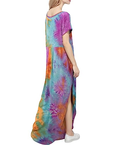 Image of Match Women's V-Neck Casual Loose Short Sleeve Long T-Shirt Dress Split Maxi Dress with Side Pocket