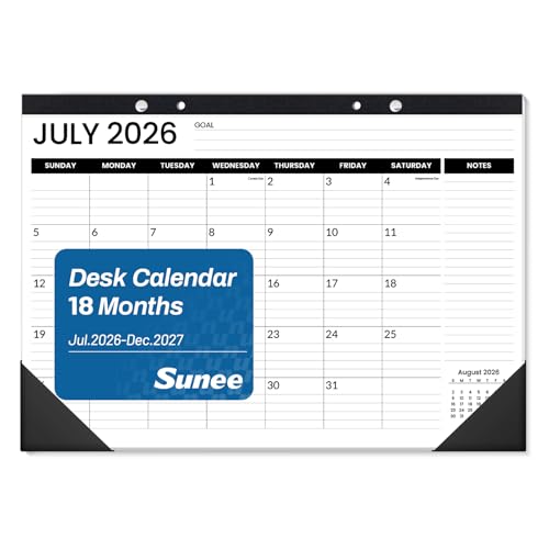 Image of SUNEE Desk Calendar 2026-2027, 17 inch x 12 inch, 18-Month Monthly Desk Calendar from Jul. 2026 - Dec. 2027, Academic Desk Calendar with Notes Section for Teacher, School, Black With Note