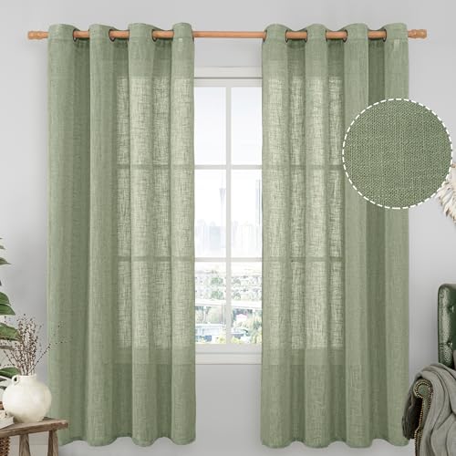 Image of LAMIT Linen Blended Curtains 72 inch for Bedroom, Linen Textured Light Filtering Drapes Bronze Grommet Boho Neutral Panels for Farmhouse /Living Room, 2 Panels, 52 x 72 Inch, Sage Green