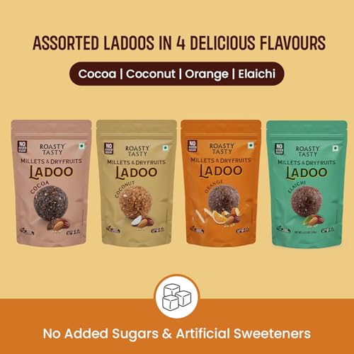 Image of Roasty Tasty Sugar Free Assorted Pack of Millet & Dryfruit Ladoo - 4 Flavours - 120g each - Orange, Cocoa, Coconut, Elaichi - 480g