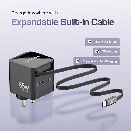 Image of Ambrane 65W GaN Superfast Wall Charger with Type-C Cable, 2 Ports (1 USB & 1 Type C) 65W Output Compatible with iPhone, Samsung, MacBook & Type-C Laptop, OnePlus, Nothing (Charge 65,Black)